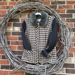 CAbi   Houndstooth Vest with removable Faux Fur Collar/ cozy sleeves